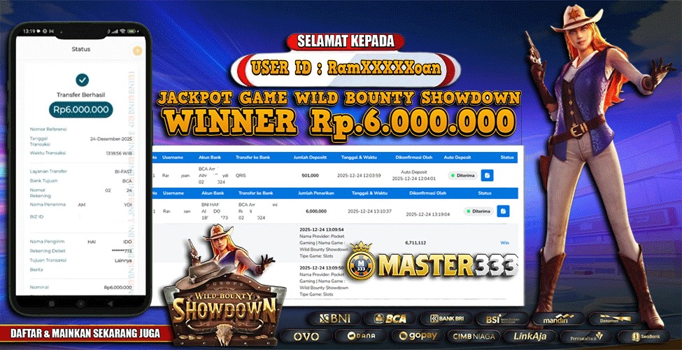 MASTER333 JACKPOT SLOT Wild Bounty Showdow  Rp.6,000,000.,- LUNAS